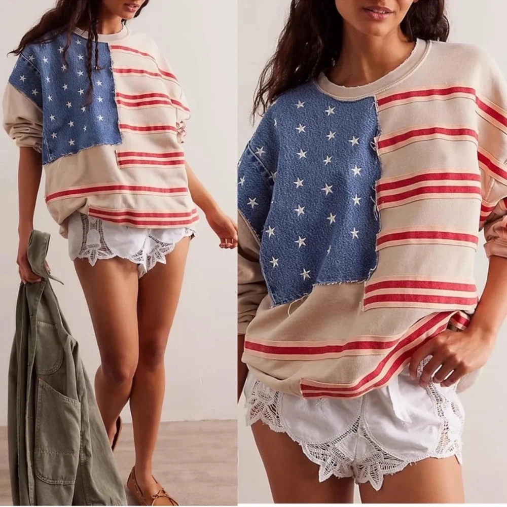 Free People x Tricia Fix Stars & Stripes Patchwork Crewneck Sweater Size Small - Picture 1 of 6